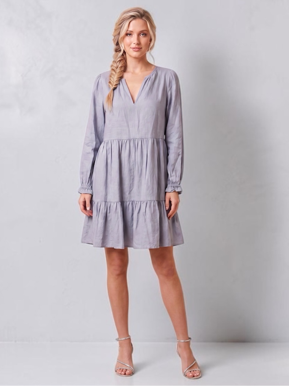Cynthia Rowley Dress Linen Blend Tiered Long Sleeve Split Neck Long Sleeve Sz S